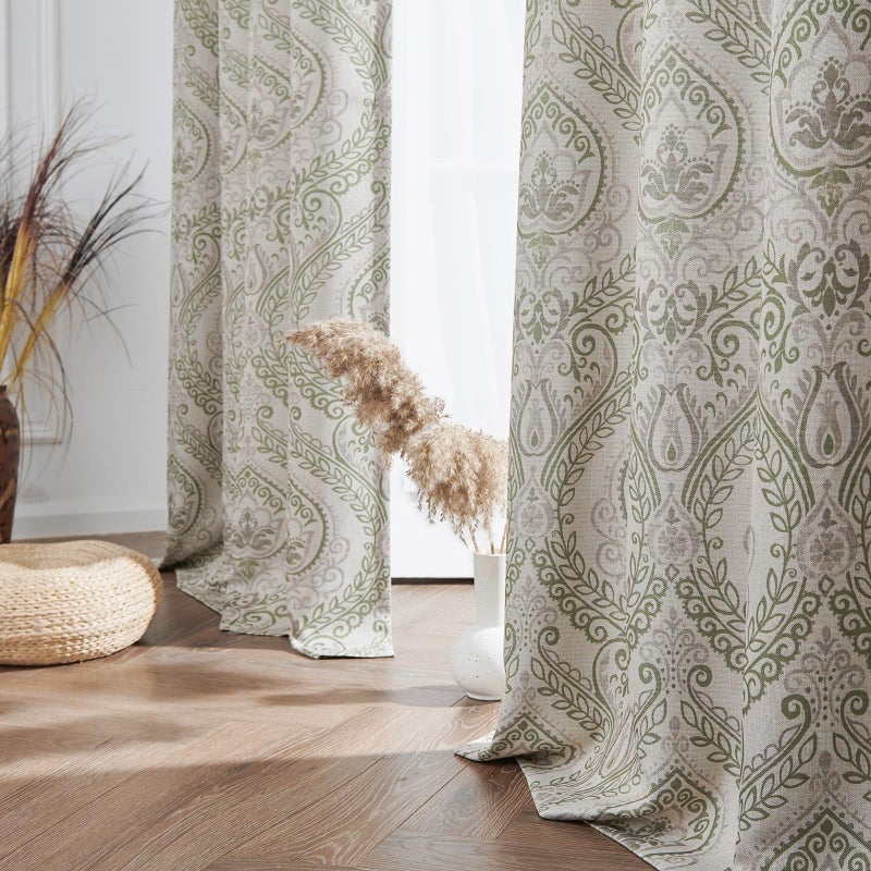 jinchan Linen Textured Curtains for Living Room Darkening 63 Inch Length, Medallion Drapes for Bedroom, Damask Pattern Window Treatments Vintage Curtain Panels, 2 Panels Sage Green on Greige - Image 5