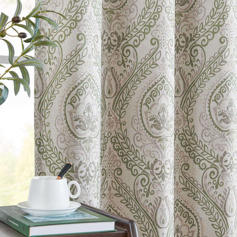 jinchan Linen Textured Curtains for Living Room Darkening 63 Inch Length, Medallion Drapes for Bedroom, Damask Pattern Window Treatments Vintage Curtain Panels, 2 Panels Sage Green on Greige - Image 1