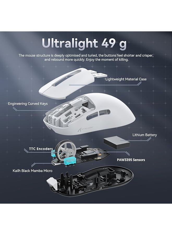 Attack Shark X3 49G Ultralight Mouse Pixart Paw3395 Gaming Sensor Bt/2.4G Wireless/Wired Gaming Mouse 26000 Dpi 200 Hours Battery Office Mice For Win11/Xbox/Ps/Mac (White) - Image 5