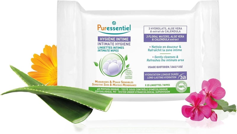 Puressentiel مناديل بويرسنتيل للنظافة الحميمة - 25 مناديل عضوية للبشرة الحساسة مع الألوة فيرا والقطيفة - Image 2