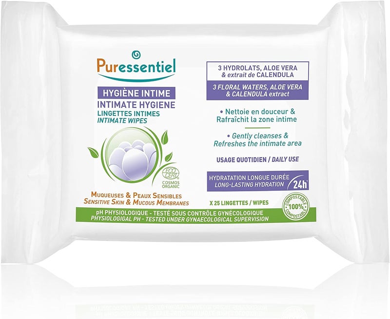 Puressentiel مناديل بويرسنتيل للنظافة الحميمة - 25 مناديل عضوية للبشرة الحساسة مع الألوة فيرا والقطيفة - Image 1