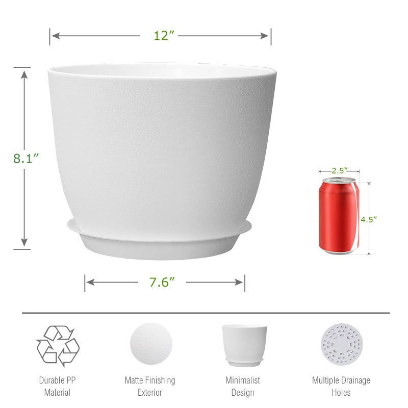 UOUZ 12inch Large Plant Pot, Modern Plastic Planter with High Driange Holes and Saucer for Indoor Outdoor Garden Plants and Flowers, White - Image 2