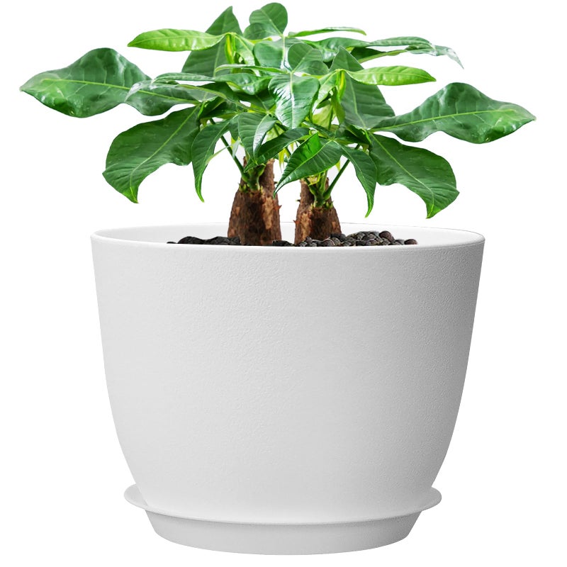 UOUZ 12inch Large Plant Pot, Modern Plastic Planter with High Driange Holes and Saucer for Indoor Outdoor Garden Plants and Flowers, White - Image 1