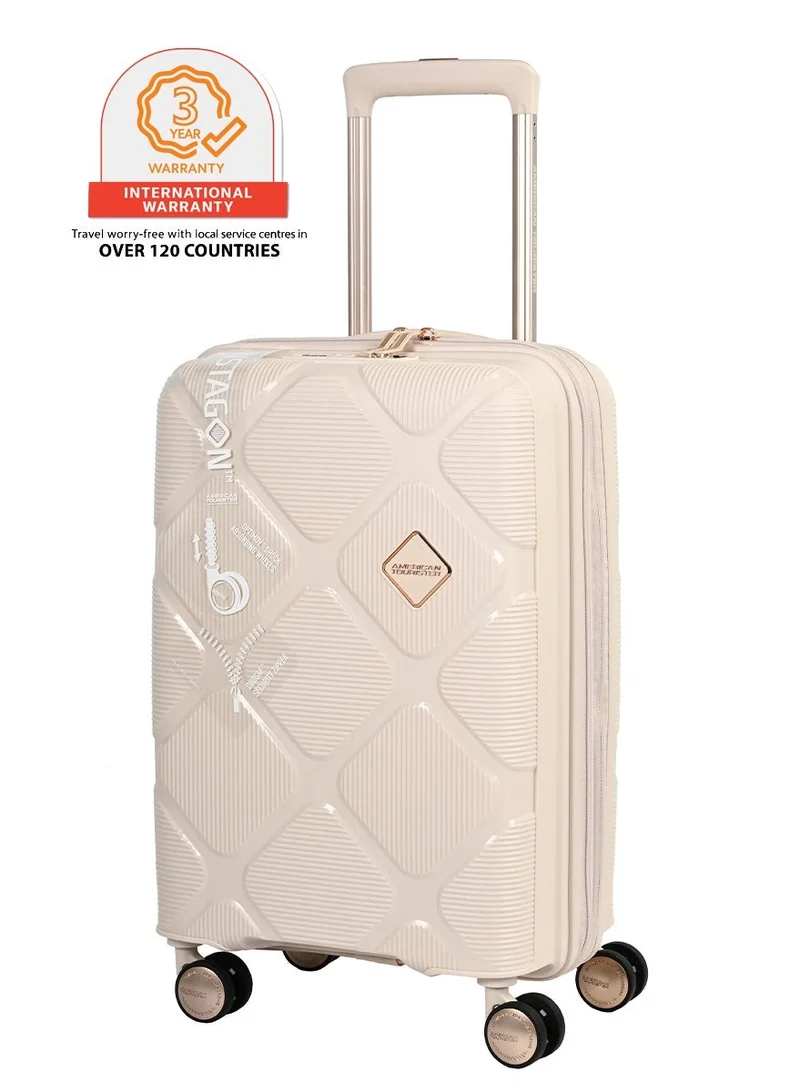 AMERICAN TOURISTER instagon suitcase, cabin size 55 cm / 20 inch, 4 double wheels, hard top, polypropylene, cream|duosaf™ security zipper|tsa 008 lock|optimov™ shock absorbing wheels|expandable - 3 years international warranty