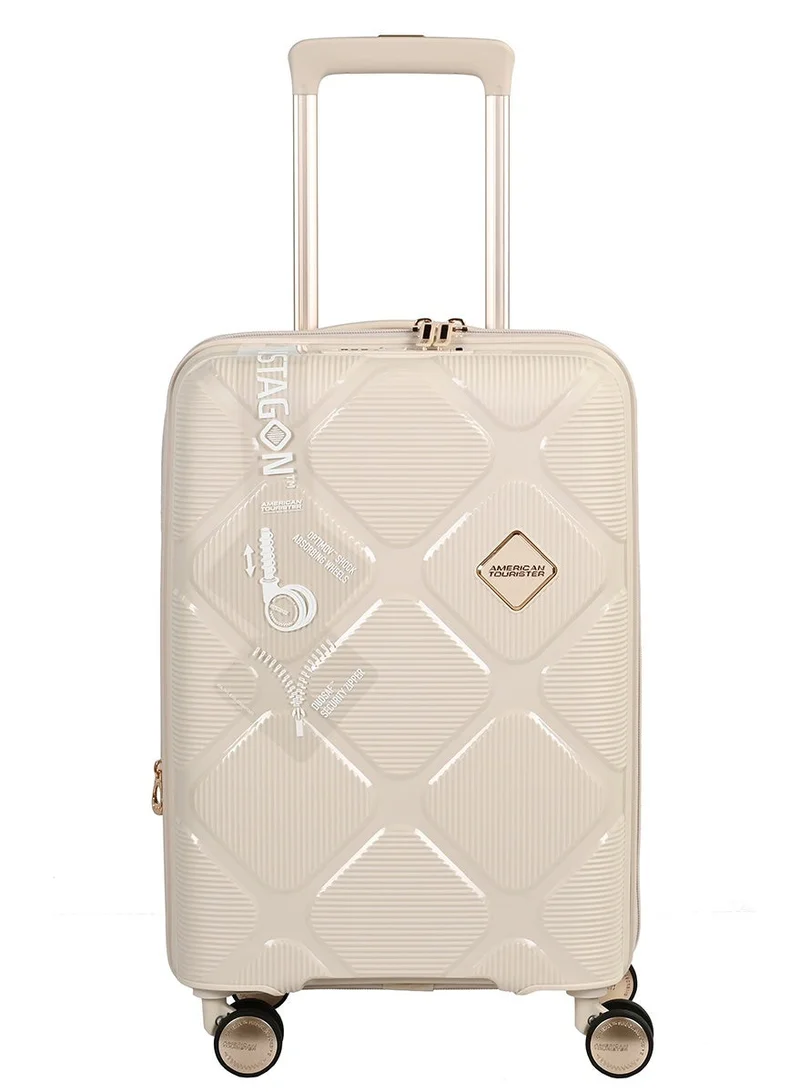 AMERICAN TOURISTER 55 cm / 20 inch instagon suitcase, cabin size 55 cm / 20 inch, 4 double wheels, hard top, polypropylene, cream|duosaf™ security zipper|tsa 008 lock|optimov™ shock absorbing wheels|expandable - 3 years international warranty  | Best Price UAE