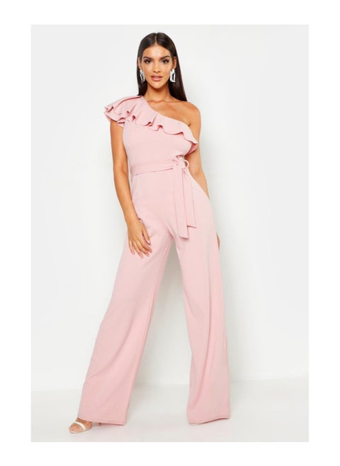 One Shoulder Tie Belt Wide Leg Jumpsuit