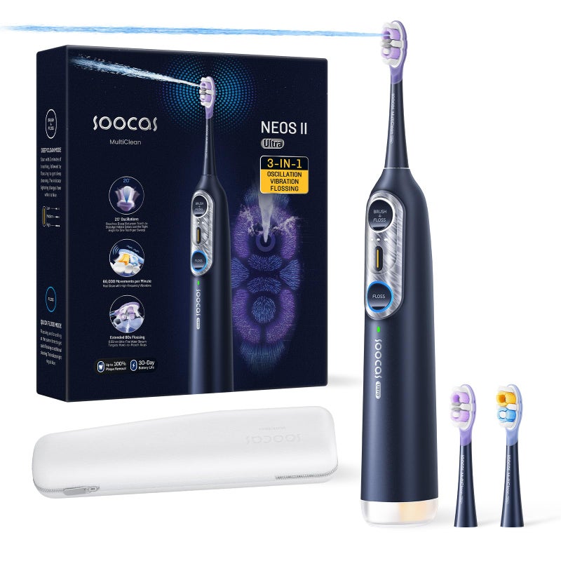 Soocas NEOS II Ultra Electric Toothbrush with Water Flosser Combo 3in1 Flosses Vibrates and Oscillates Flossing Toothbrush for Adults Cordless Water Flosser for Travel Midnight Blue - Image 2