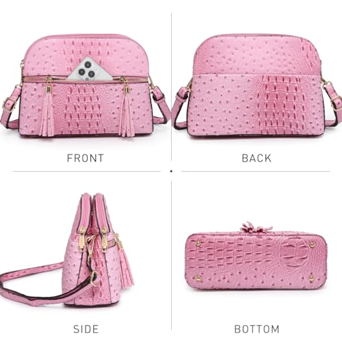 Dasein Women Tassel Zipper Pocket Crossbody Bag Shoulder Purse Fashion Travel Bag with Multi Pockets(Ostrich Pink) - Image 3