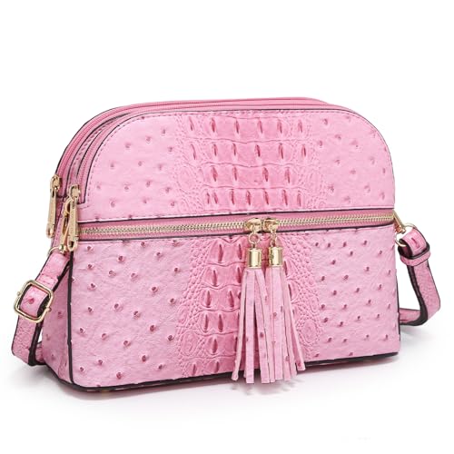 Dasein Women Tassel Zipper Pocket Crossbody Bag Shoulder Purse Fashion Travel Bag with Multi Pockets(Ostrich Pink) - Image 1