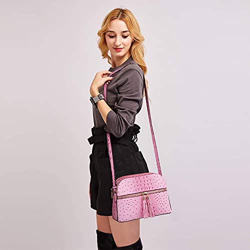 Dasein Women Tassel Zipper Pocket Crossbody Bag Shoulder Purse Fashion Travel Bag with Multi Pockets(Ostrich Pink) - Image 2