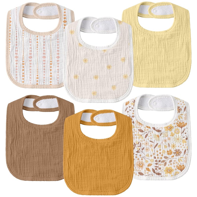 Muslin Drool Bibs for Boys Girls 6 Pack - Adjustable Baby Bibs for Drooling and Teething (Sunny Bloom Garden) - Image 1