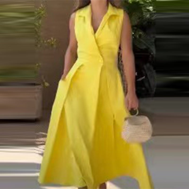 Autum Style Popular Pure Color Lapel Pleated Long Sleeveless Dress - Image 4