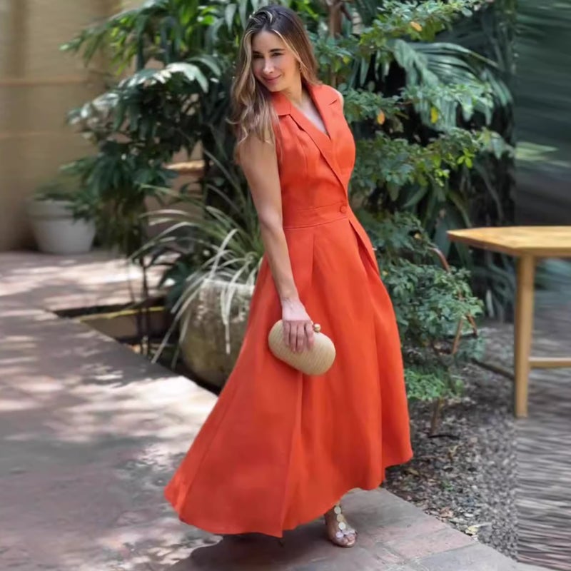 Autum Style Popular Pure Color Lapel Pleated Long Sleeveless Dress - Image 5