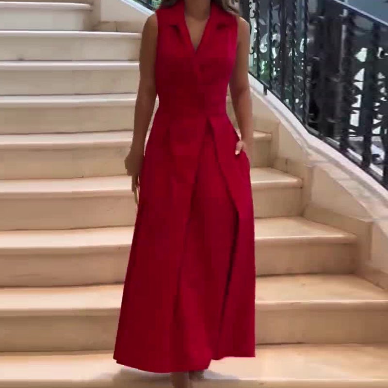 Autum Style Popular Pure Color Lapel Pleated Long Sleeveless Dress - Image 2