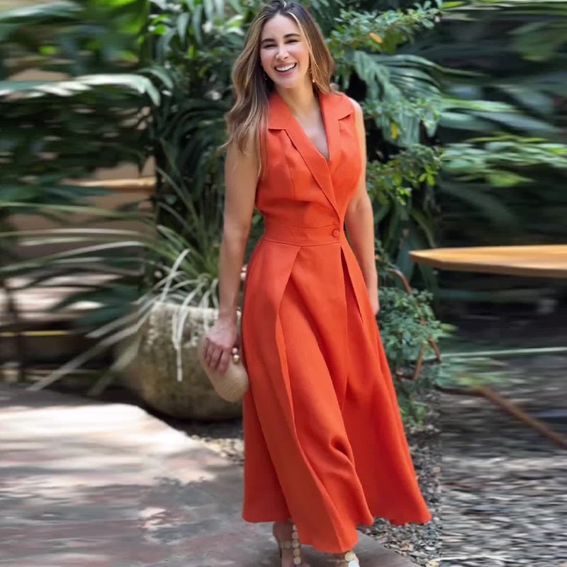Autum Style Popular Pure Color Lapel Pleated Long Sleeveless Dress - Image 1