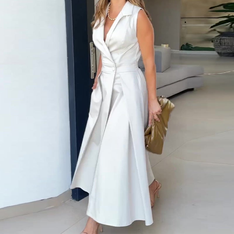 Autum Style Popular Pure Color Lapel Pleated Long Sleeveless Dress - Image 3