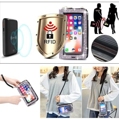 ERWUBA Bling Rhinestone RFID Blocking Touch Screen Phone Bag Womens Wallet Wristlet Clutch Large Capacity Card Phone Holder Colored diamond - Image 3