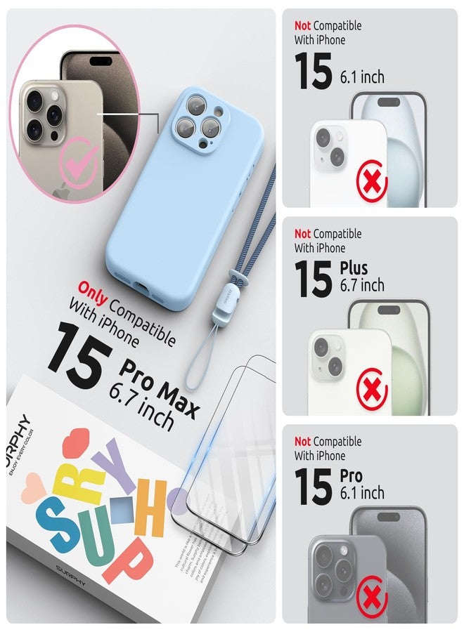 جراب SURPHY مصمم خصيصًا لهاتف iPhone 15 Pro Max، مزود بواقي شاشة وحبل تعليق، وحزام للهاتف، وغطاء هاتف من السيليكون السائل (حماية للكاميرا وبطانة ناعمة من الألياف الدقيقة)، مقاس 6.7 بوصة، إصدار 2023، لون أزرق فاتح - Image 2