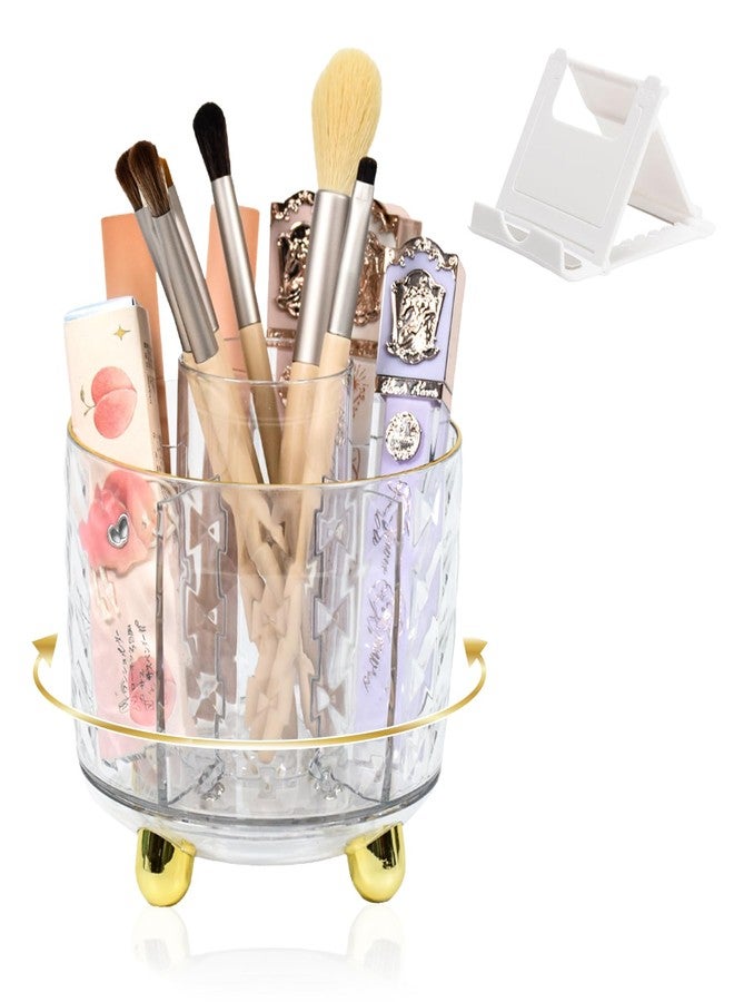 SAYEEC Pen Holder for Desk 6 Slots Rotating Makeup Brush Organizer Toothbrush Holder Versatile Desk Skin Care Cosmetic Organizer Pencil Cup Pot Art Supply Caddy for Office Vanity Bathroom (Clear Gold) - Image 1