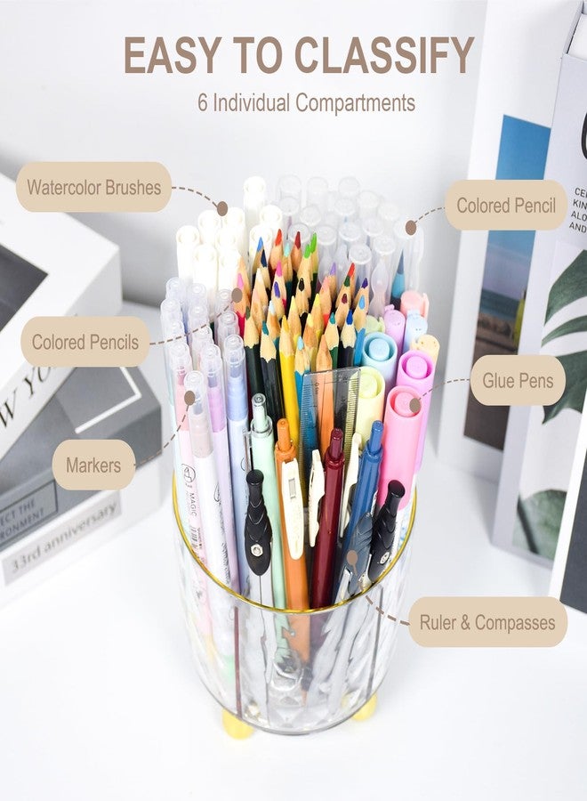 SAYEEC Pen Holder for Desk 6 Slots Rotating Makeup Brush Organizer Toothbrush Holder Versatile Desk Skin Care Cosmetic Organizer Pencil Cup Pot Art Supply Caddy for Office Vanity Bathroom (Clear Gold) - Image 4