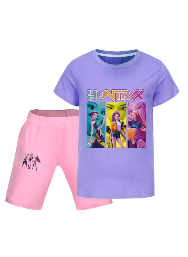 US Kpop Demon Slayer Round Neck Cartoon Print T-shirt Men Women Kids Top And Pants Set Multi-color Matching - Image 1