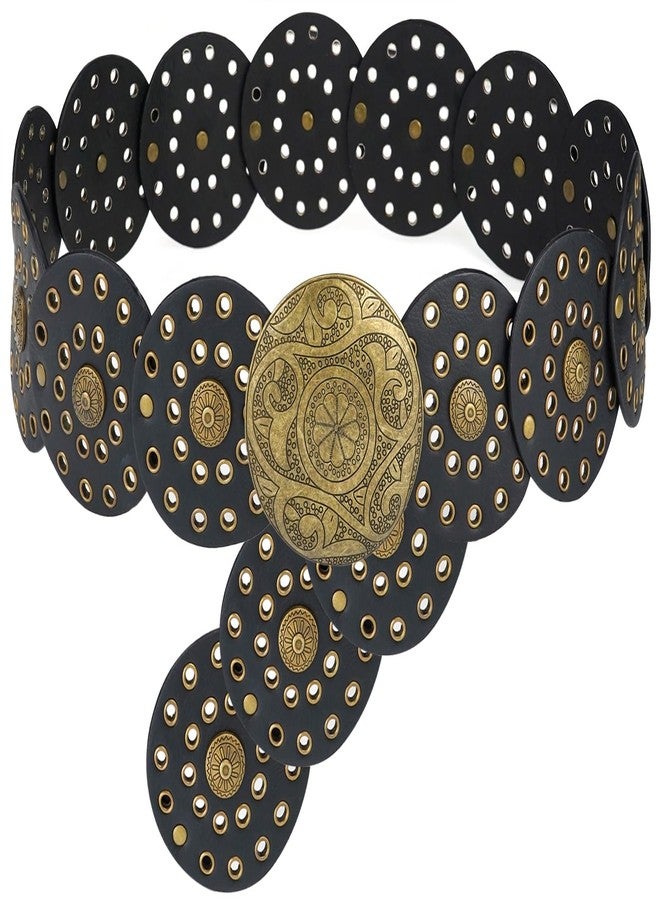 LIMHOO Wide Disc Belt for Women Leather Hollow Out Round Belt Boho Western Waist Belt (A Black-S) - Image 1