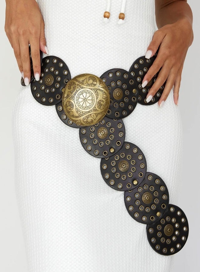 LIMHOO Wide Disc Belt for Women Leather Hollow Out Round Belt Boho Western Waist Belt (A Black-S) - Image 3