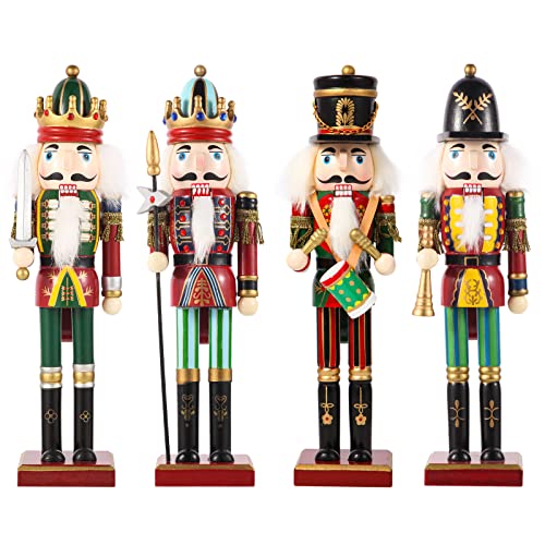SurpriseSeptember 4PCS Christmas Nutcrackers Ornaments Set, Traditional Painted Wooden Nutcracker Soldiers Doll, 12 inch Nutcracker Figures Holiday Party Tabletop Christmas Decorations - Image 1