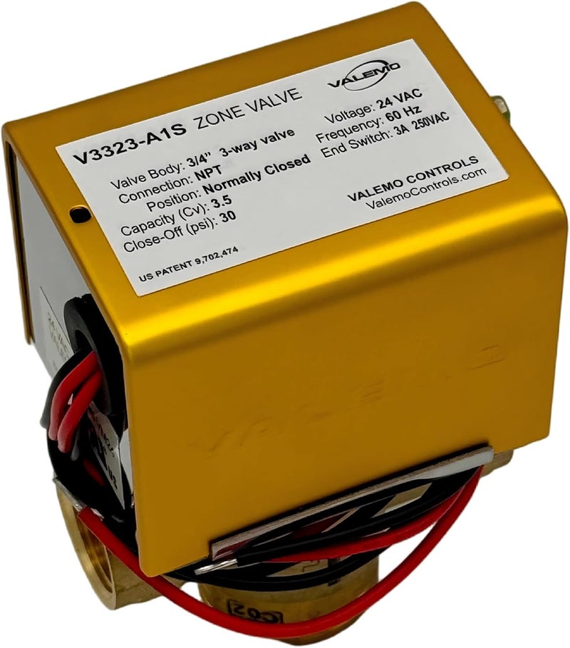 Valemo V3323-A1S Motorized Zone Valve, 3-way, 3/4" Threaded NPT, Normally Closed, 24 VAC with End Switch - Image 1
