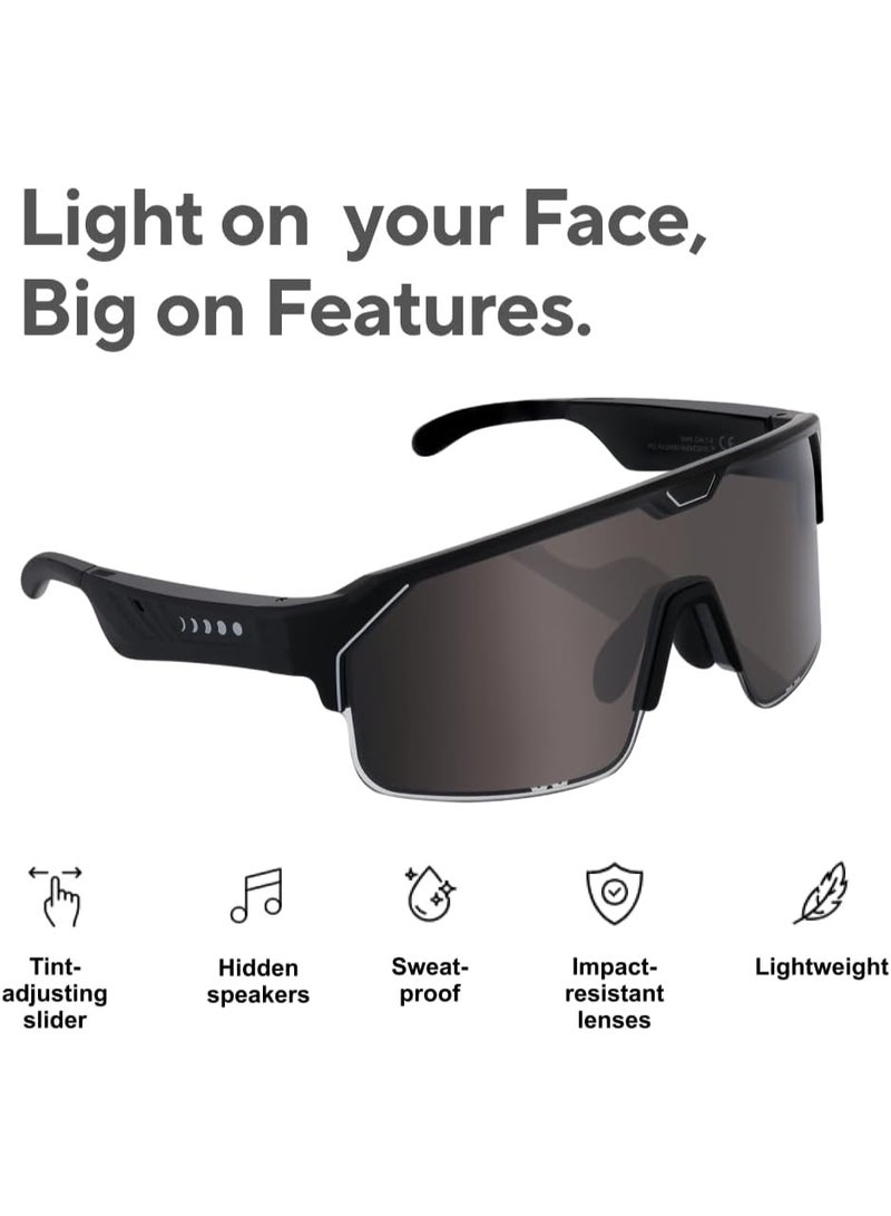 CHAMELO Music Shield Smart Audio Sunglasses – Matte Black Frame, Smoke Lenses | Open-Ear Bluetooth Glasses for Men & Women with Electronic Tint Control, Sweat Proof, Sports Eyewear, 100% UV Protection - Image 3