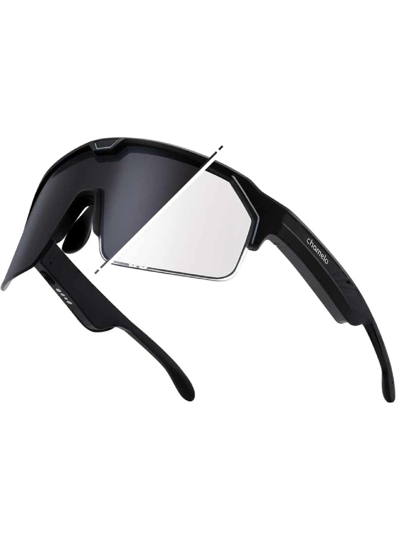 CHAMELO Music Shield Smart Audio Sunglasses – Matte Black Frame, Smoke Lenses | Open-Ear Bluetooth Glasses for Men & Women with Electronic Tint Control, Sweat Proof, Sports Eyewear, 100% UV Protection - Image 1