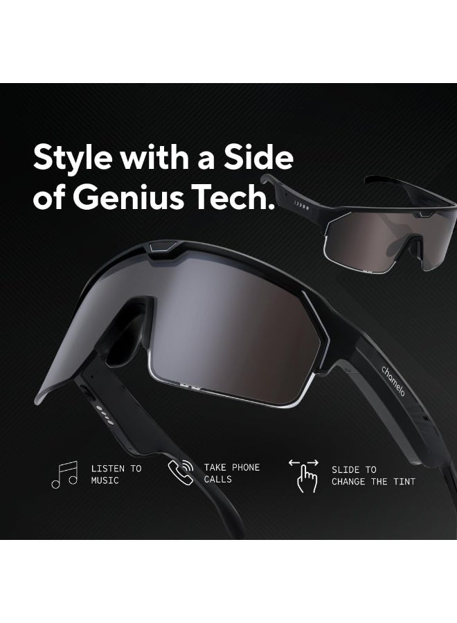 CHAMELO Music Shield Smart Audio Sunglasses – Matte Black Frame, Smoke Lenses | Open-Ear Bluetooth Glasses for Men & Women with Electronic Tint Control, Sweat Proof, Sports Eyewear, 100% UV Protection - Image 4