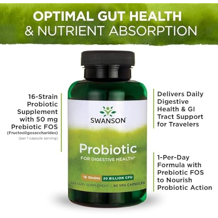 Swanson Probiotic for Digestive Health GI Tract Immune Support Travelers Support 20 Billion CFU with Prebiotic FOS 60 Veggie Capsules (Caps) - Image 5