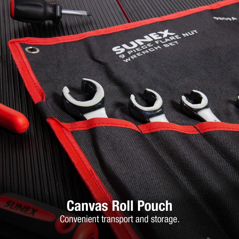SUNEX Tools 9809A 9-Piece Flare Nut Wrench Set with Roll-Case, SAE & Metric Sizes - Image 5