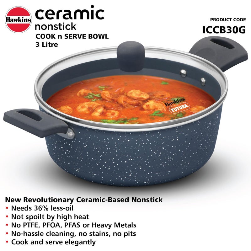 Hawkins Ceramic Nonstick Cook n Serve Bowl with Glass Lid, 3 Litre, Induction Pot, Granite Casserole (ICCB30G) - Image 3