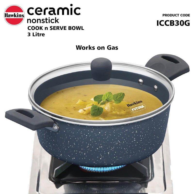 Hawkins Ceramic Nonstick Cook n Serve Bowl with Glass Lid, 3 Litre, Induction Pot, Granite Casserole (ICCB30G) - Image 5