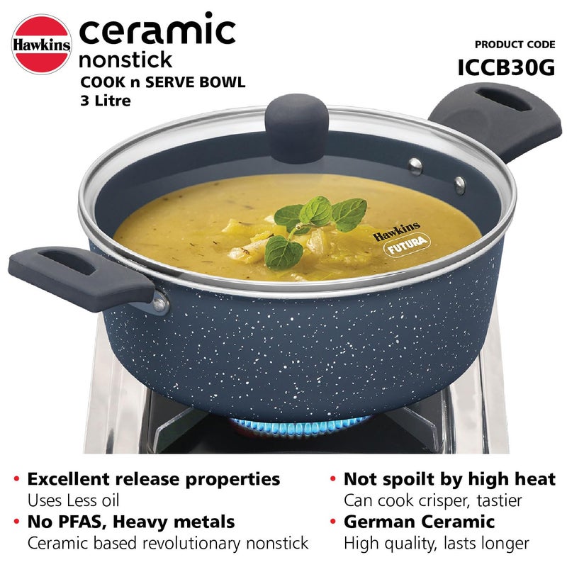 Hawkins Ceramic Nonstick Cook n Serve Bowl with Glass Lid, 3 Litre, Induction Pot, Granite Casserole (ICCB30G) - Image 4