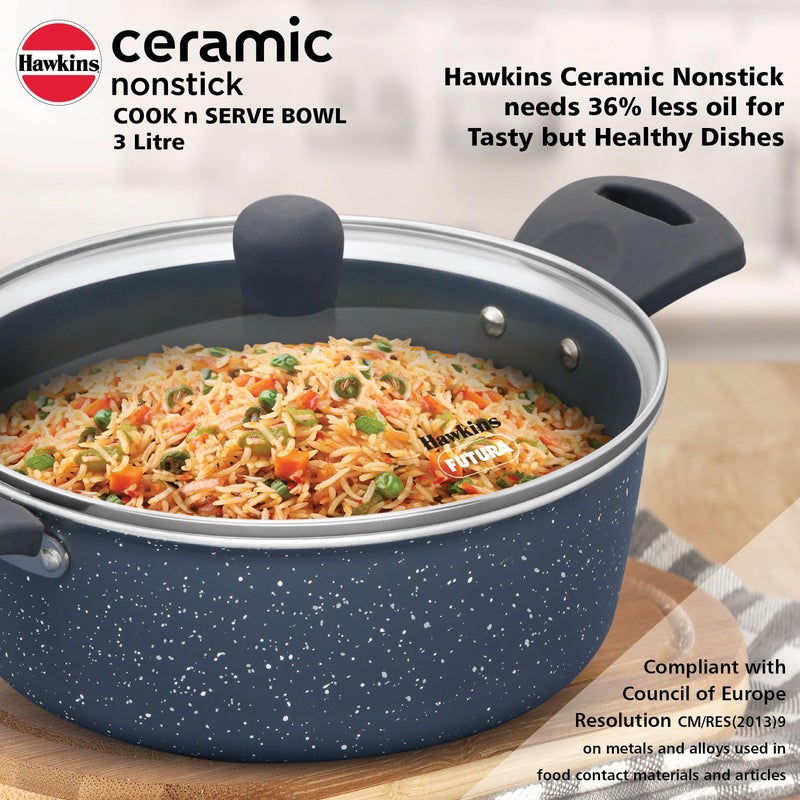 Hawkins Ceramic Nonstick Cook n Serve Bowl with Glass Lid, 3 Litre, Induction Pot, Granite Casserole (ICCB30G) - Image 2