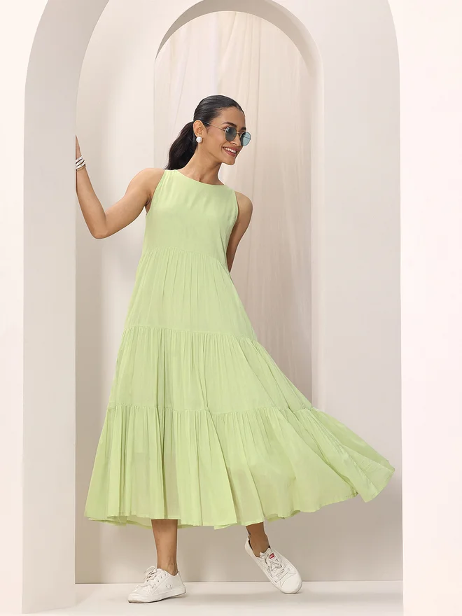 Libas  Libas Green Solid Cotton Sleeveless Tiered Midi Dress  | Best Price UAE