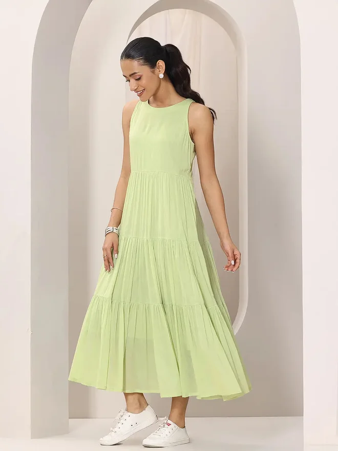 Libas  Libas Green Solid Cotton Sleeveless Tiered Midi Dress  | Best Price UAE