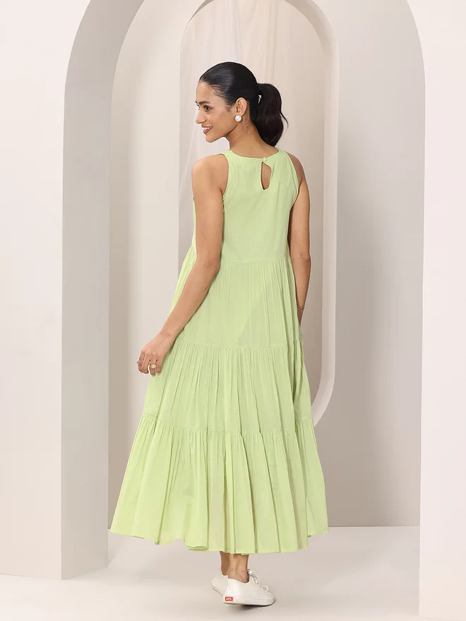 Libas  Libas Green Solid Cotton Sleeveless Tiered Midi Dress  | Best Price UAE