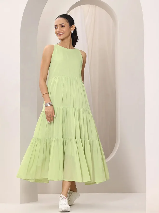 Libas  Libas Green Solid Cotton Sleeveless Tiered Midi Dress  | Best Price UAE