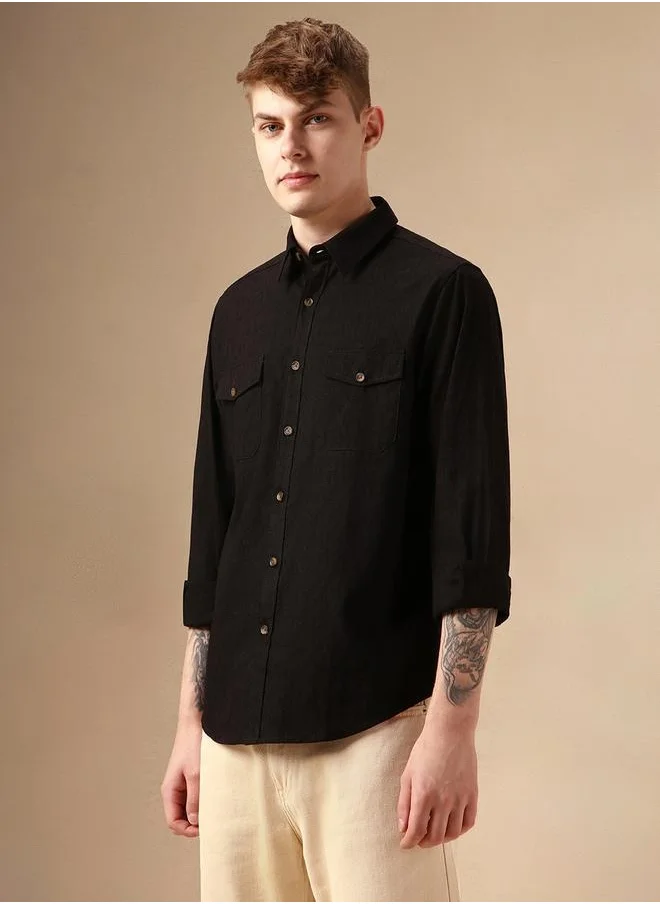 Dennis Lingo Solid Relaxed Fit Spread Collar Shirt