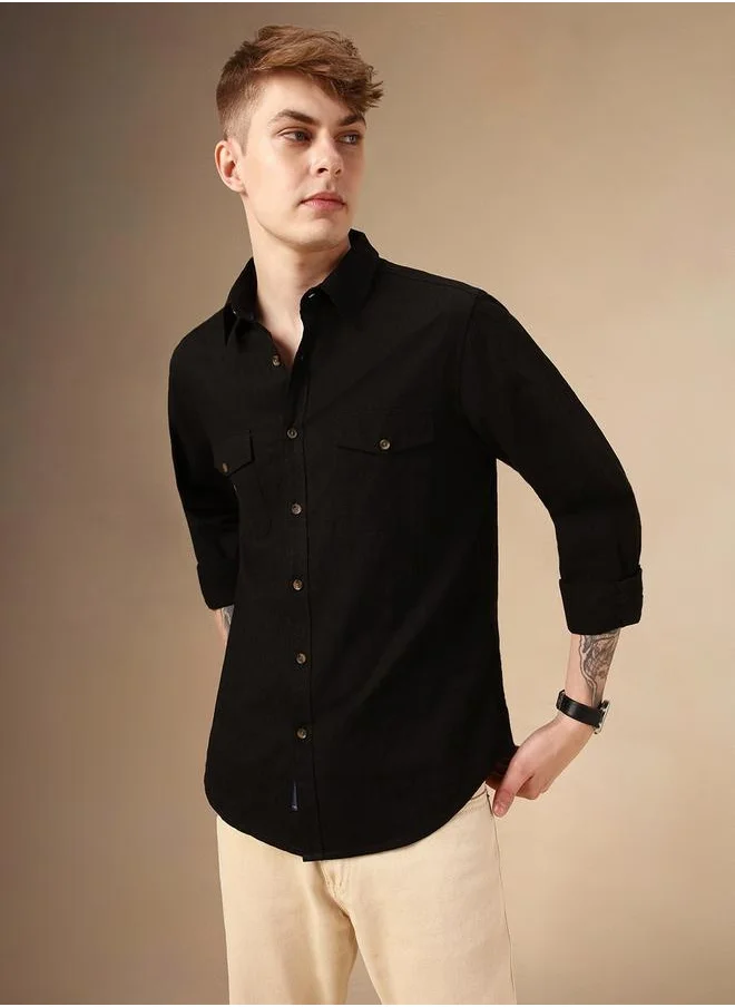 Dennis Lingo Solid Relaxed Fit Spread Collar Shirt