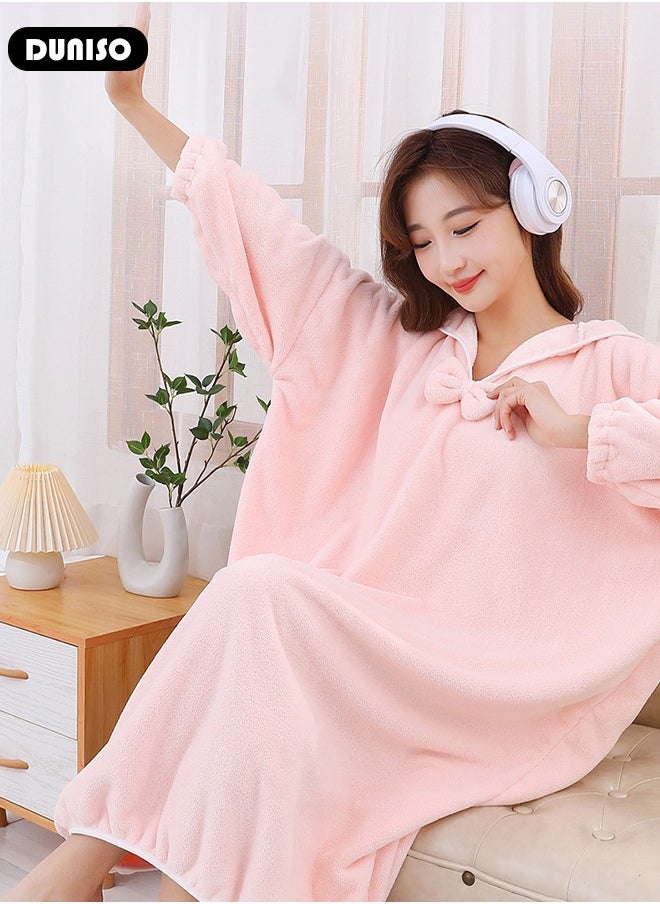 Women's Bath Robe, Wearable Bath Towel Wrap Shower Wrap Hooded Large Bath Swimming Surf  Lightweight Long Knit Bathrobe, Soft Sleepwear Bathrobe for Female