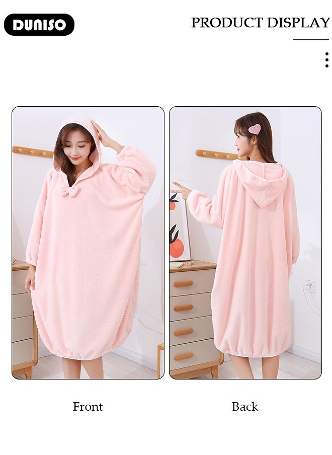 Women's Bath Robe, Wearable Bath Towel Wrap Shower Wrap Hooded Large Bath Swimming Surf  Lightweight Long Knit Bathrobe, Soft Sleepwear Bathrobe for Female