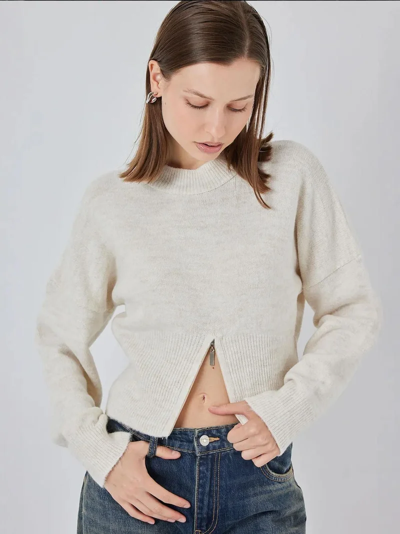 BIG DART BDART Zipper Detailed Crop Knit Sweater