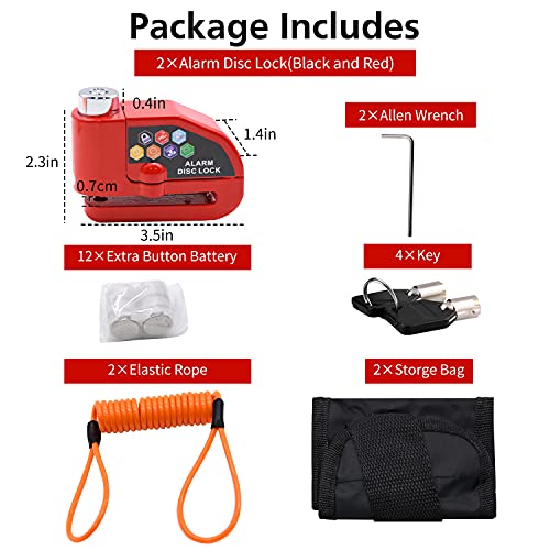 Ruby Q Alarm Disc Lock Set, 2pcs Brake Lock, Anti-Theft Waterproof 110 dB 7mm Pin 5ft Reminder Cable for Motorcycles Bike Scooter Carry Pouch - Image 2