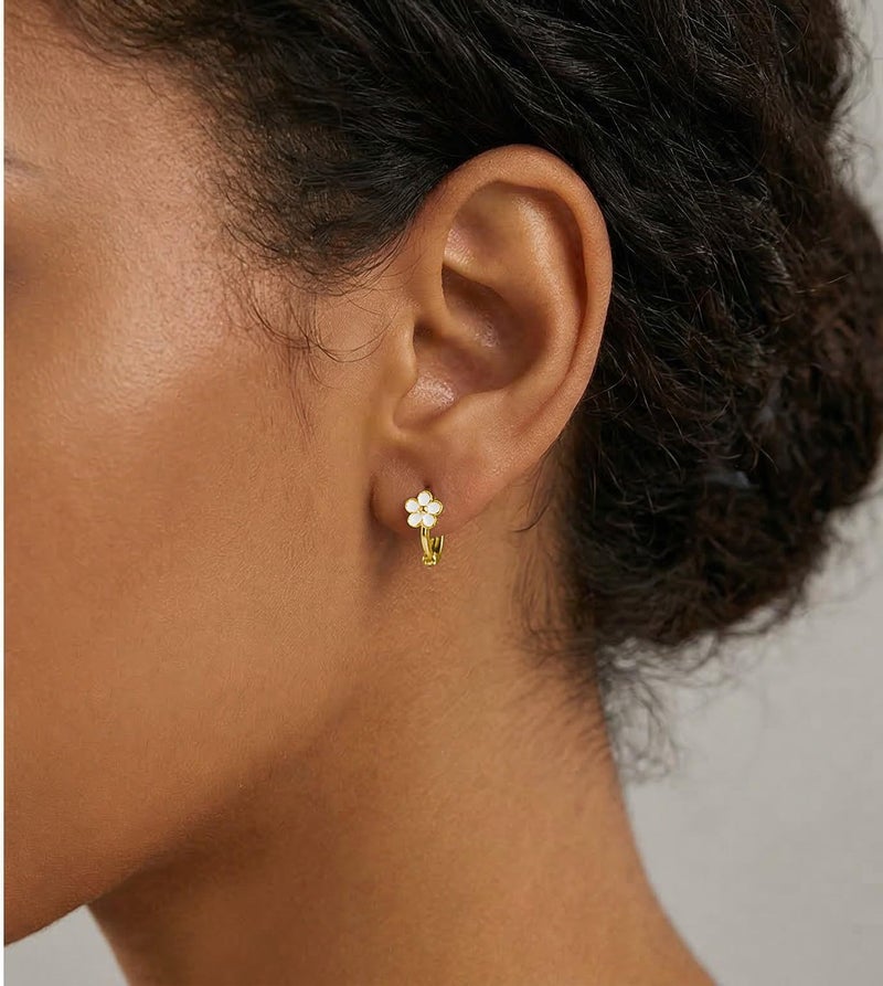 Reffeer Solid 925 Sterling Silver Flower Hoop Earrings Huggie for Women Teen Girls Daisy Hoop Earrings Cartilage Helix Earrings (B-Yellow) - Image 2