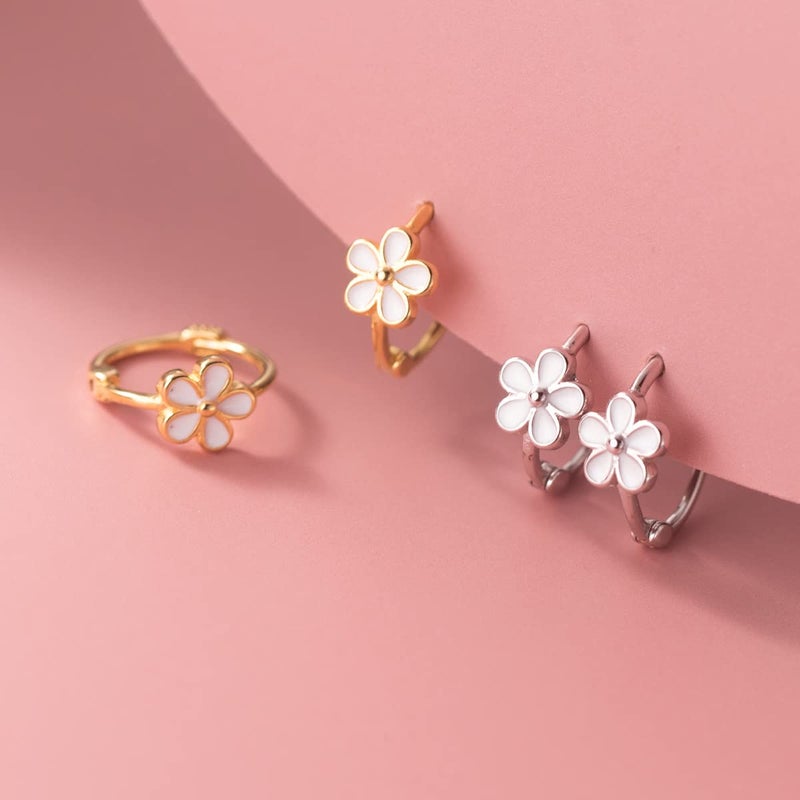 Reffeer Solid 925 Sterling Silver Flower Hoop Earrings Huggie for Women Teen Girls Daisy Hoop Earrings Cartilage Helix Earrings (B-Yellow) - Image 5
